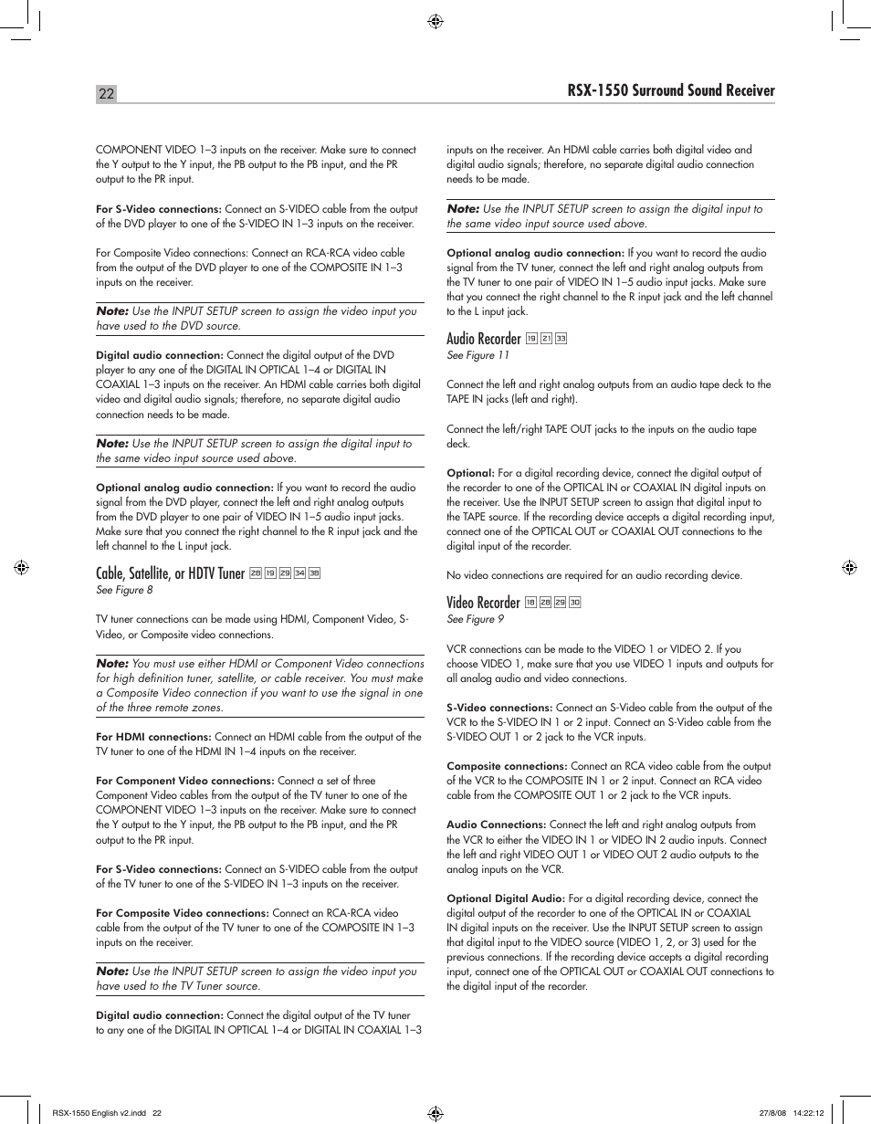 English rsx-1550 surround sound receiver, Cable, satellite, or hdtv tuner, Audio recorder | Video recorder, Duflx, Ydfg | ROTEL RSX-1550 User Manual | Page 22 / 54