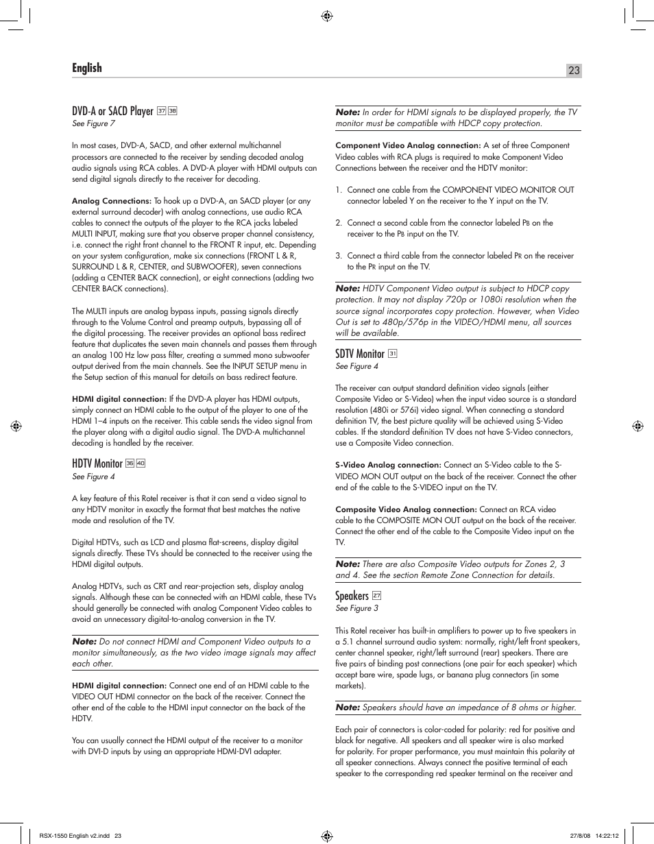 English rsx-1550 surround sound receiver, Hdtv monitor, Sdtv monitor | Speakers | ROTEL RSX-1550 User Manual | Page 23 / 54