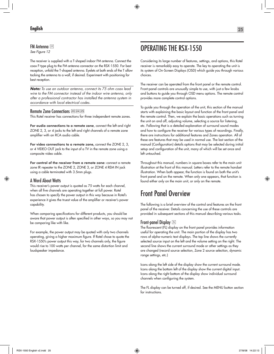 Operating the rsx-1550, Front panel overview, English rsx-1550 surround sound receiver | Remote zone connections, A word about watts, Front-panel display | ROTEL RSX-1550 User Manual | Page 25 / 54