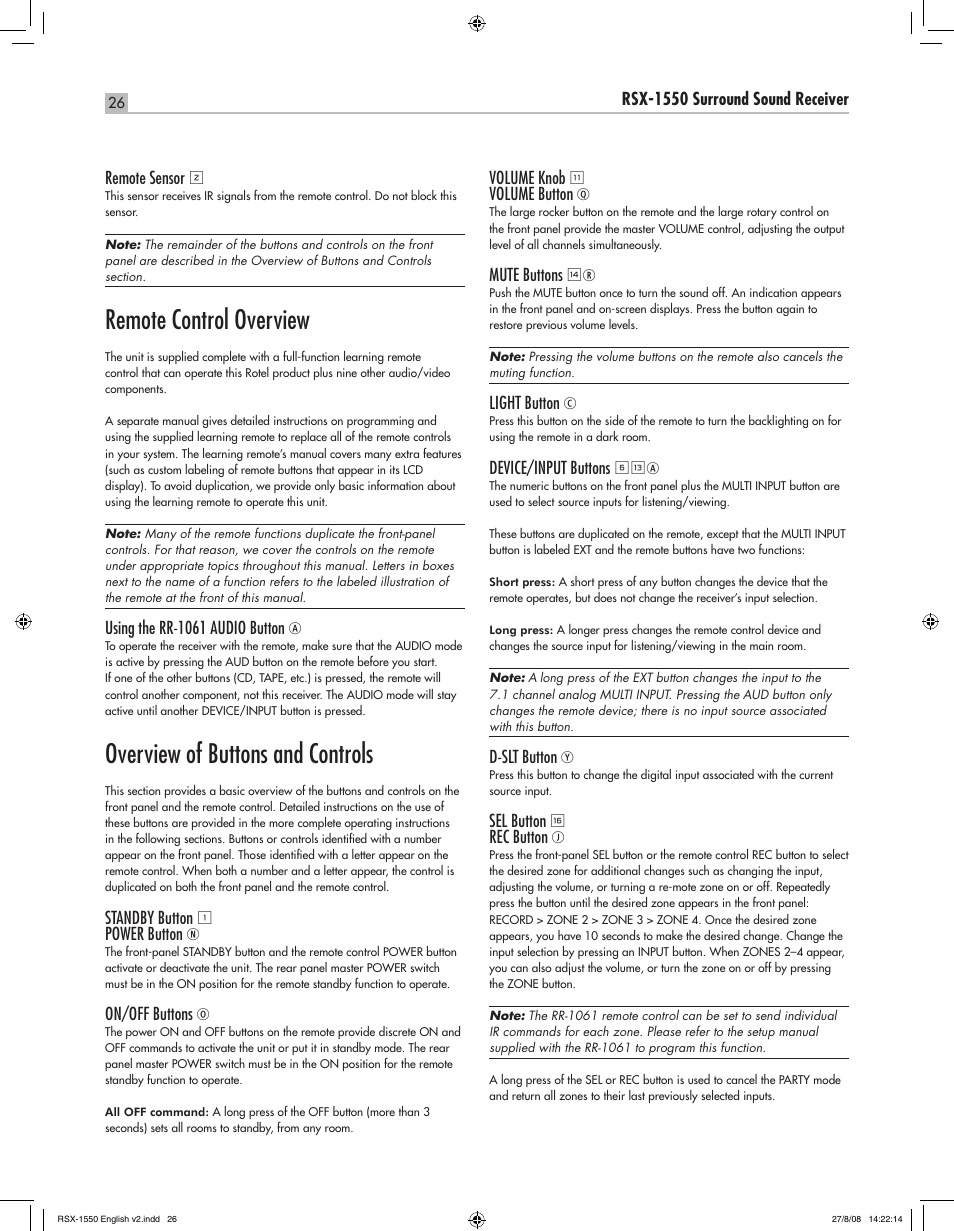 Remote control overview, Overview of buttons and controls | ROTEL RSX-1550 User Manual | Page 26 / 54