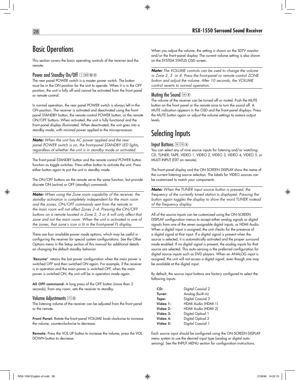 Basic operations, Selecting inputs, English rsx-1550 surround sound receiver | Power and standby on/off, Volume adjustments, Muting the sound, Input buttons, 1nno | ROTEL RSX-1550 User Manual | Page 28 / 54