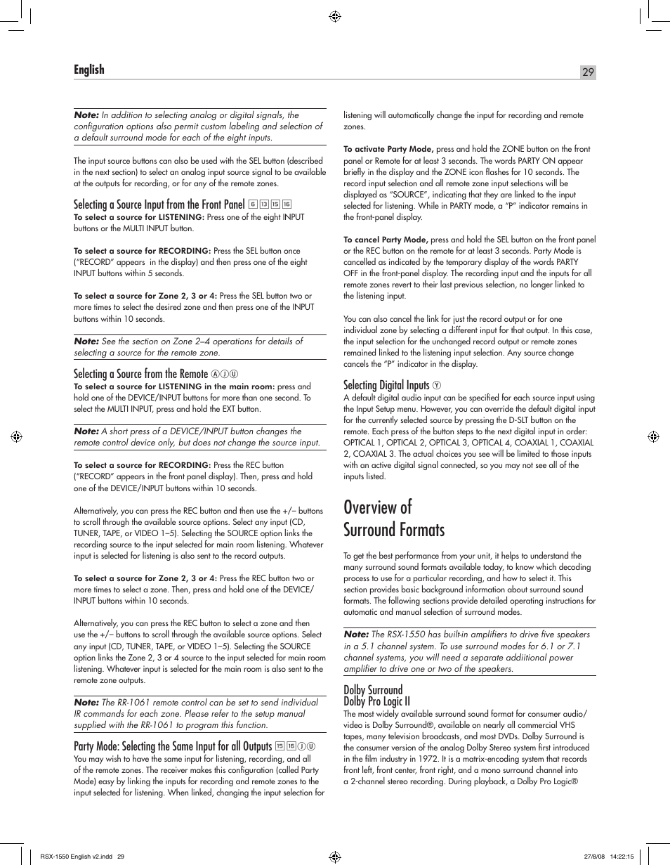 Overview of surround formats, English rsx-1550 surround sound receiver, Selecting a source input from the front panel | Selecting a source from the remote, Selecting digital inputs, Dolby surround dolby pro logic ii | ROTEL RSX-1550 User Manual | Page 29 / 54