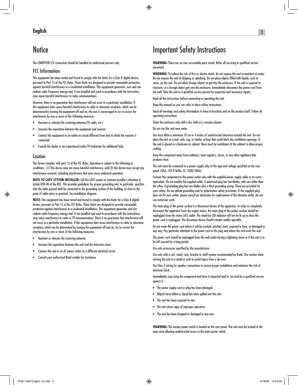 Notice, Important safety instructions | ROTEL RSX-1550 User Manual | Page 3 / 54