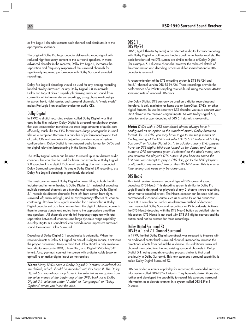 English rsx-1550 surround sound receiver, Dolby digital, Dts neo:6 | ROTEL RSX-1550 User Manual | Page 30 / 54