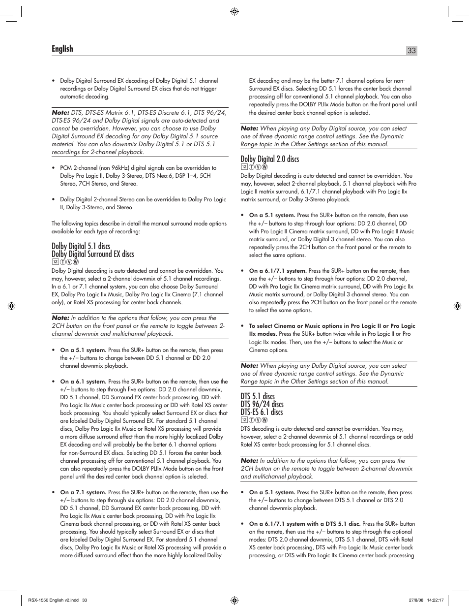 English rsx-1550 surround sound receiver, Dolby digital 2.0 discs | ROTEL RSX-1550 User Manual | Page 33 / 54