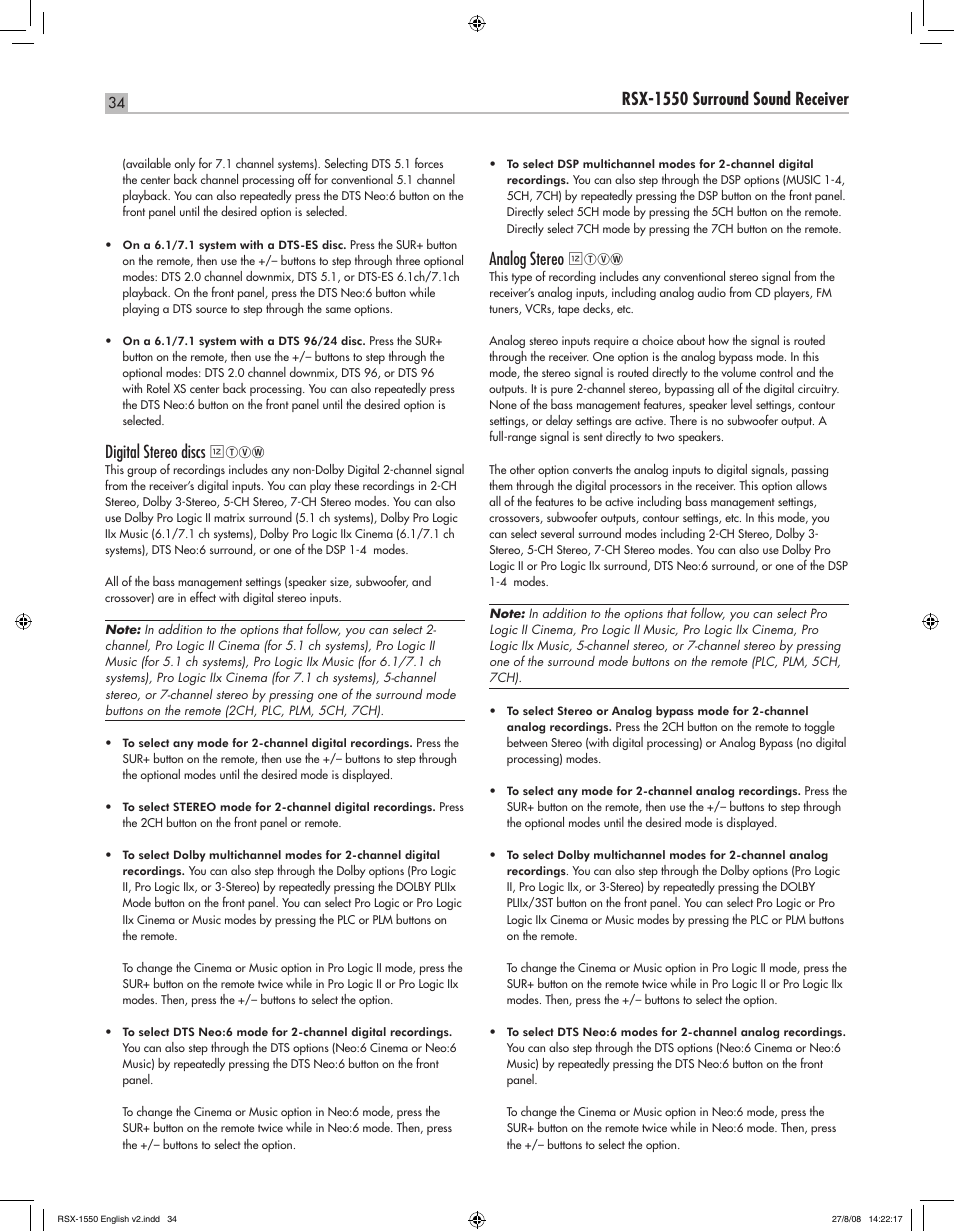 English rsx-1550 surround sound receiver, Digital stereo discs, Analog stereo | ROTEL RSX-1550 User Manual | Page 34 / 54