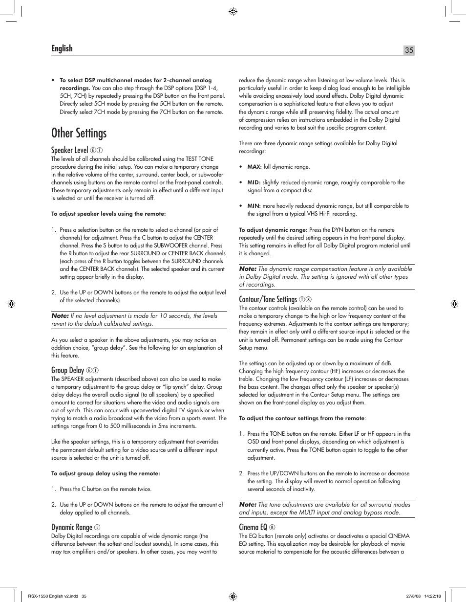 Other settings, English rsx-1550 surround sound receiver, Speaker level | Group delay, Dynamic range, Contour/tone settings, Cinema eq | ROTEL RSX-1550 User Manual | Page 35 / 54