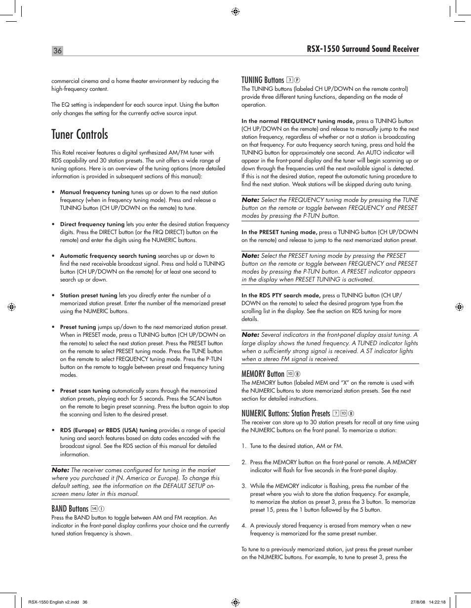 Tuner controls, English rsx-1550 surround sound receiver, Band buttons | Tuning buttons, Numeric buttons: station presets | ROTEL RSX-1550 User Manual | Page 36 / 54