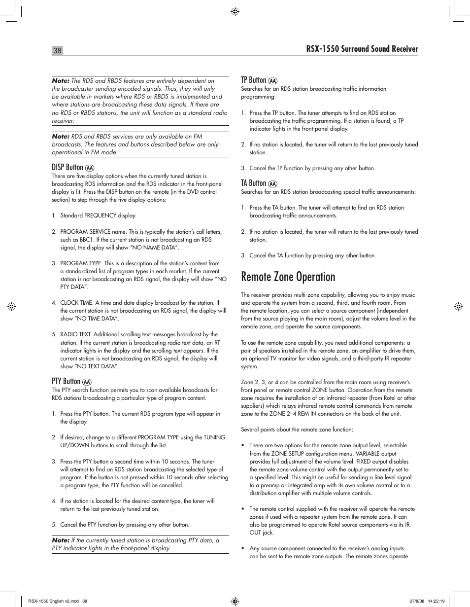 Remote zone operation, English rsx-1550 surround sound receiver, Disp button | Pty button, Tp button, Ta button | ROTEL RSX-1550 User Manual | Page 38 / 54