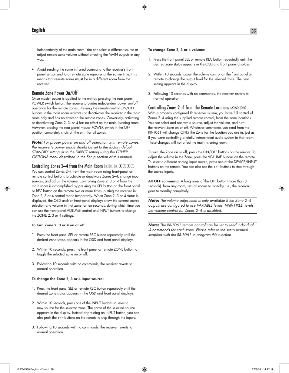 English rsx-1550 surround sound receiver, Remote zone power on/off, Controlling zones 2–4 from the main room | Controlling zones 2–4 from the remote locations, Eaqtu, Aqtu | ROTEL RSX-1550 User Manual | Page 39 / 54