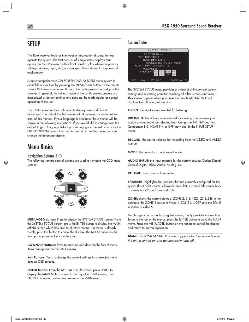 Setup, Menu basics, English rsx-1550 surround sound receiver | Navigation buttons, System status | ROTEL RSX-1550 User Manual | Page 40 / 54