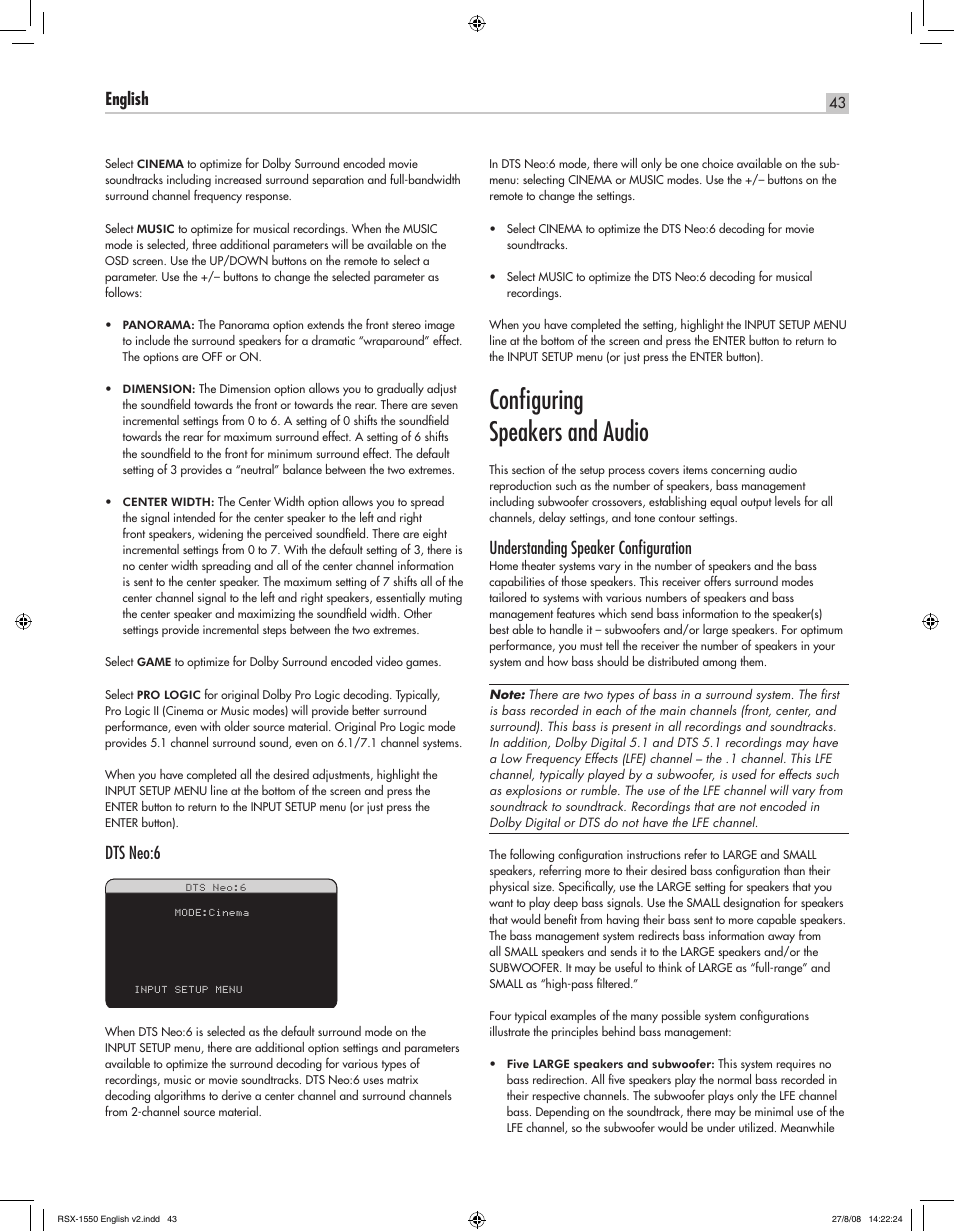 Conﬁguring speakers and audio, English rsx-1550 surround sound receiver, Dts neo:6 | Understanding speaker conﬁguration | ROTEL RSX-1550 User Manual | Page 43 / 54