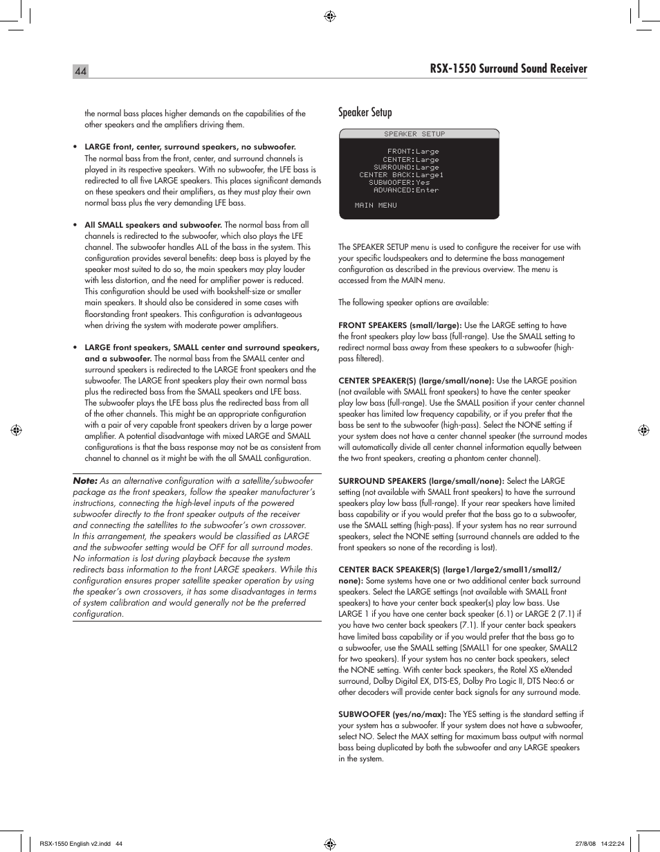 English rsx-1550 surround sound receiver, Speaker setup | ROTEL RSX-1550 User Manual | Page 44 / 54