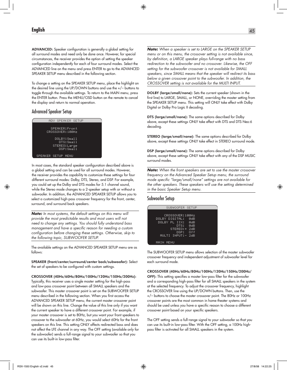 English rsx-1550 surround sound receiver, Advanced speaker setup, Subwoofer setup | ROTEL RSX-1550 User Manual | Page 45 / 54