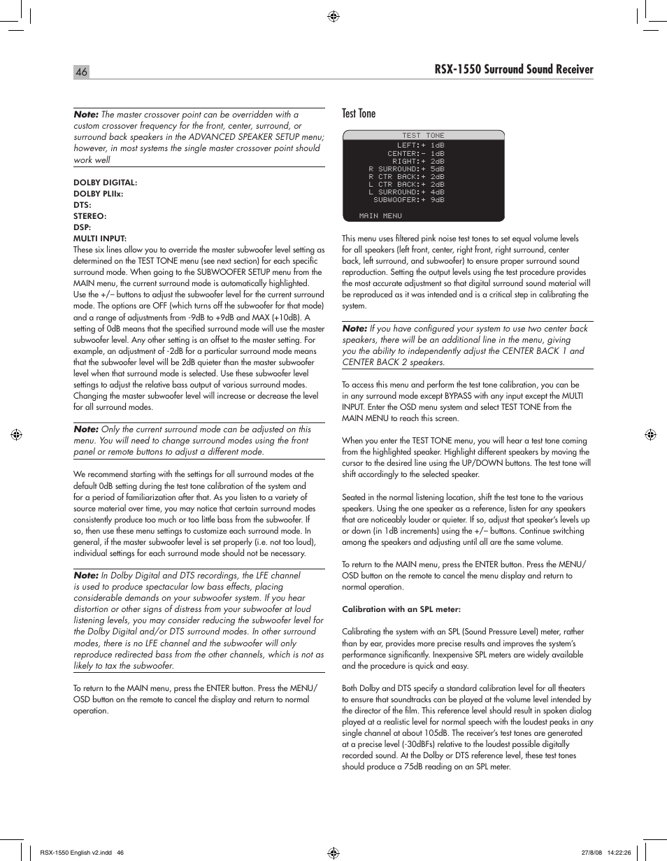 English rsx-1550 surround sound receiver, Test tone | ROTEL RSX-1550 User Manual | Page 46 / 54