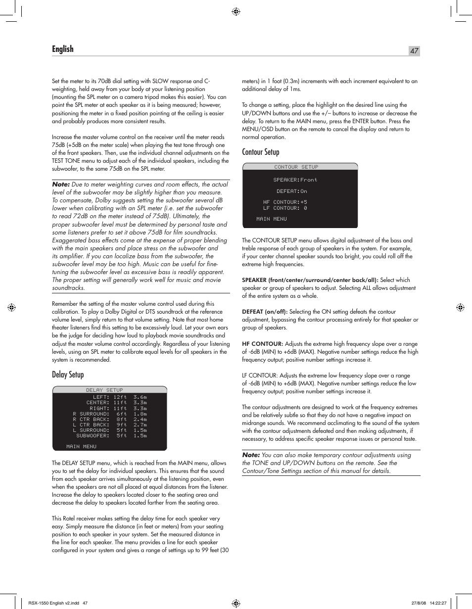 English rsx-1550 surround sound receiver, Delay setup, Contour setup | ROTEL RSX-1550 User Manual | Page 47 / 54