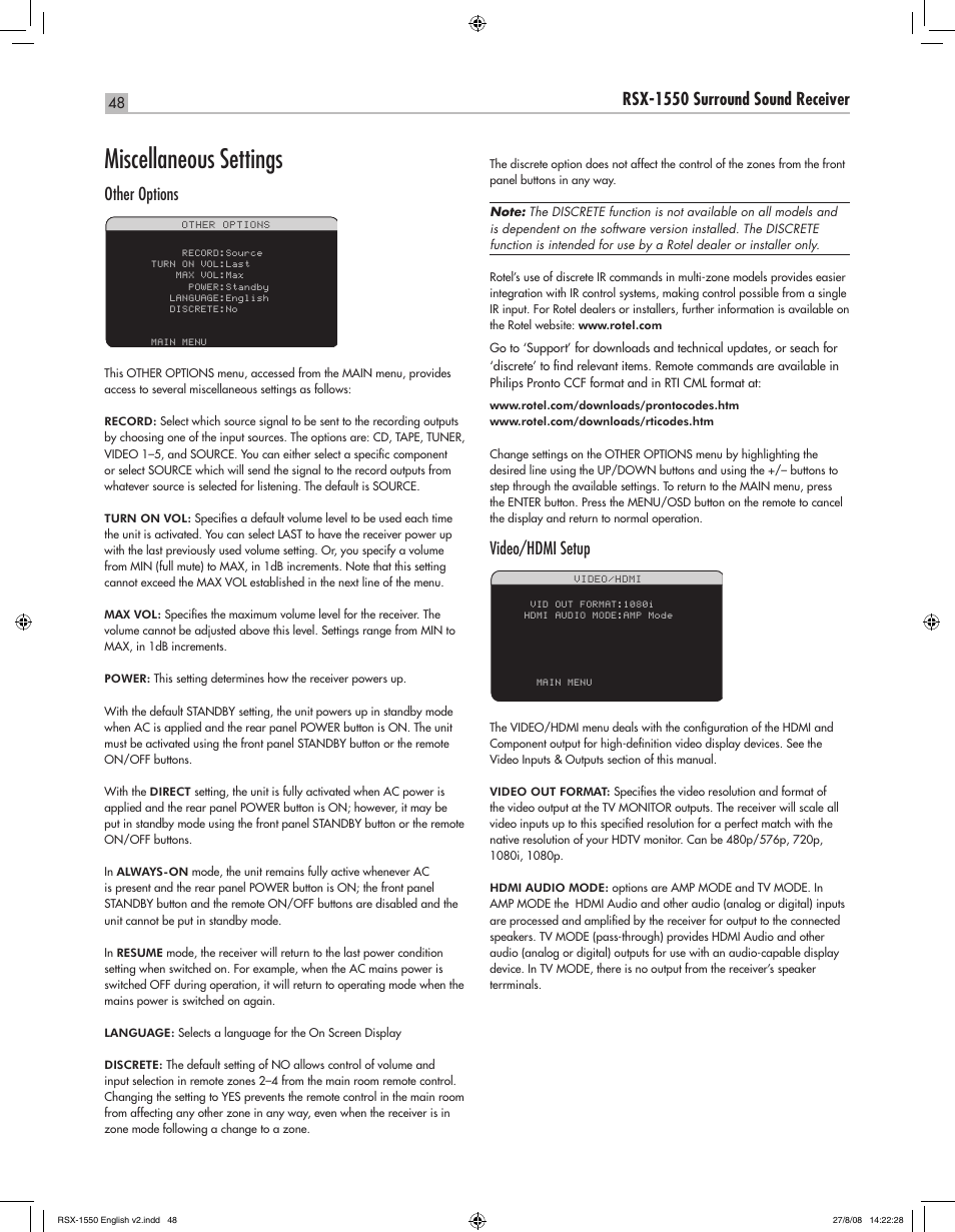 Miscellaneous settings, English rsx-1550 surround sound receiver, Other options | Video/hdmi setup | ROTEL RSX-1550 User Manual | Page 48 / 54