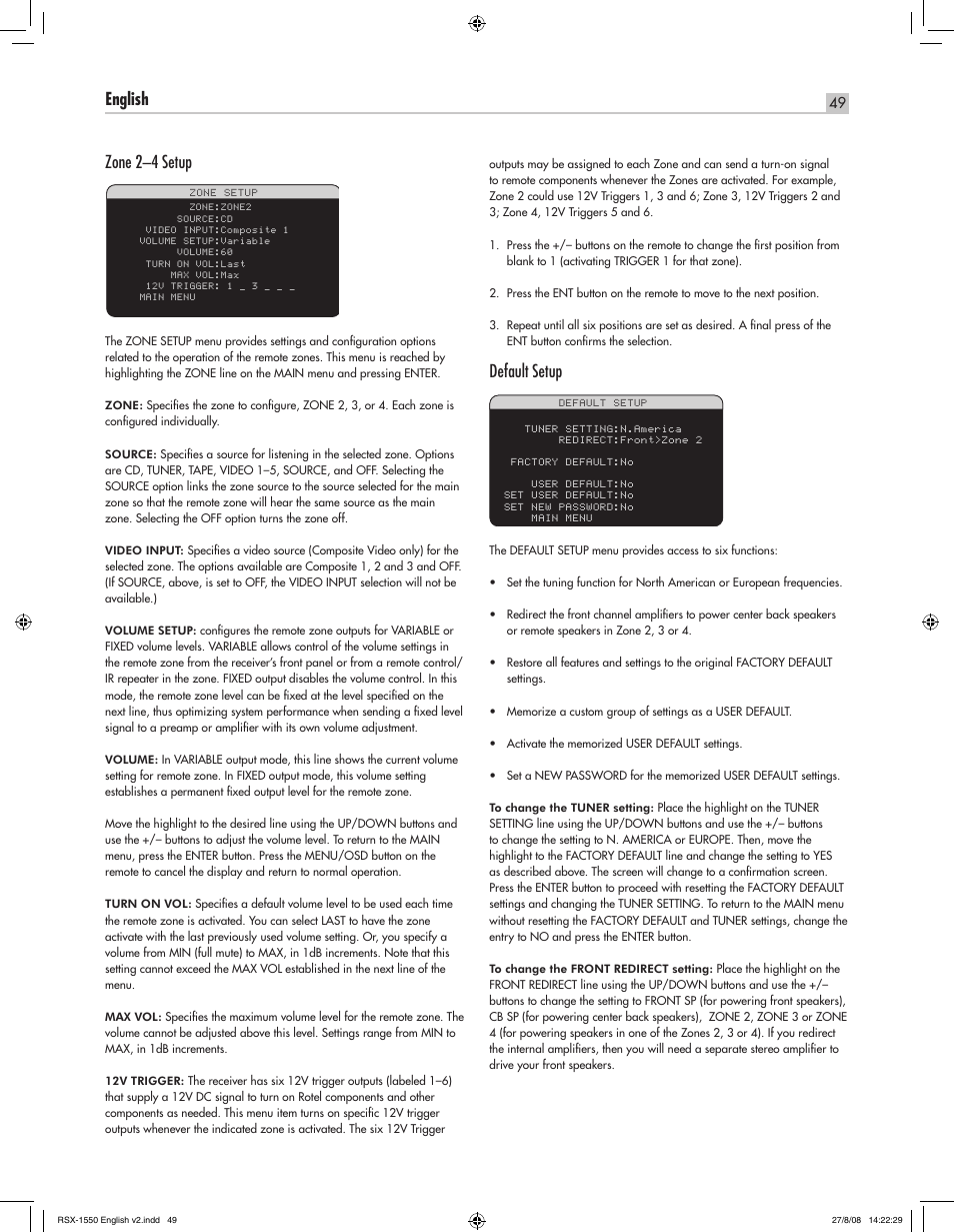 English rsx-1550 surround sound receiver, Default setup | ROTEL RSX-1550 User Manual | Page 49 / 54