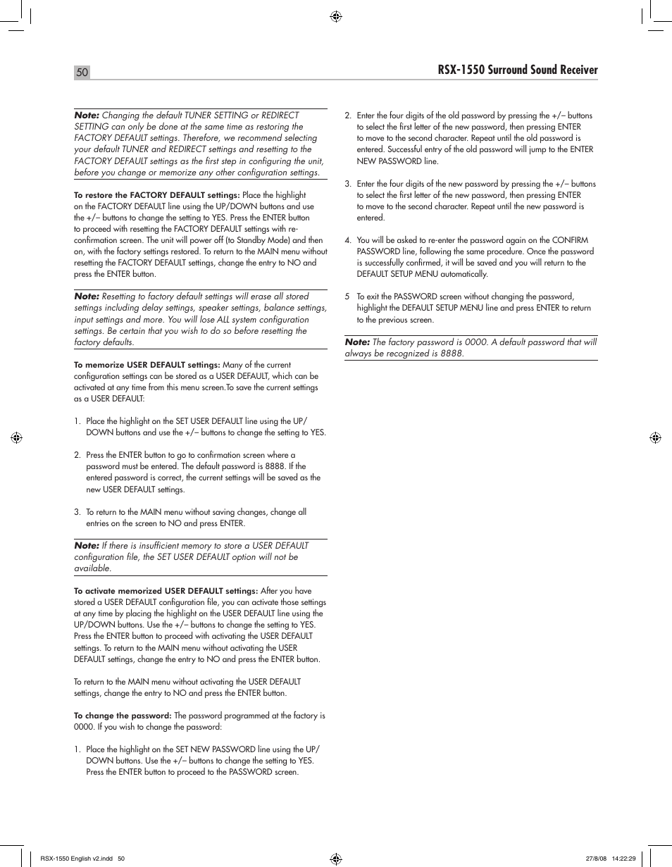 English rsx-1550 surround sound receiver | ROTEL RSX-1550 User Manual | Page 50 / 54