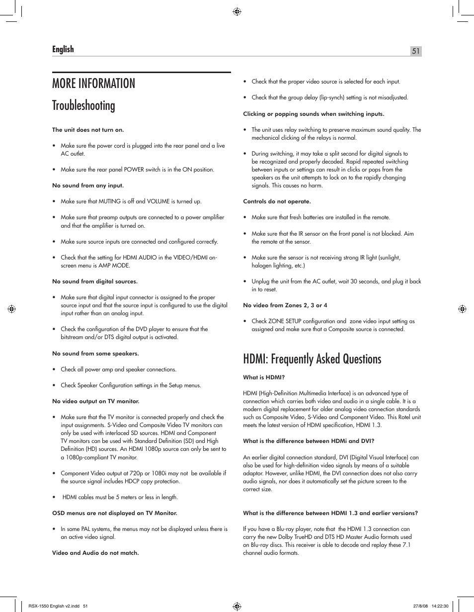 More information troubleshooting, Hdmi: frequently asked questions, English rsx-1550 surround sound receiver | ROTEL RSX-1550 User Manual | Page 51 / 54