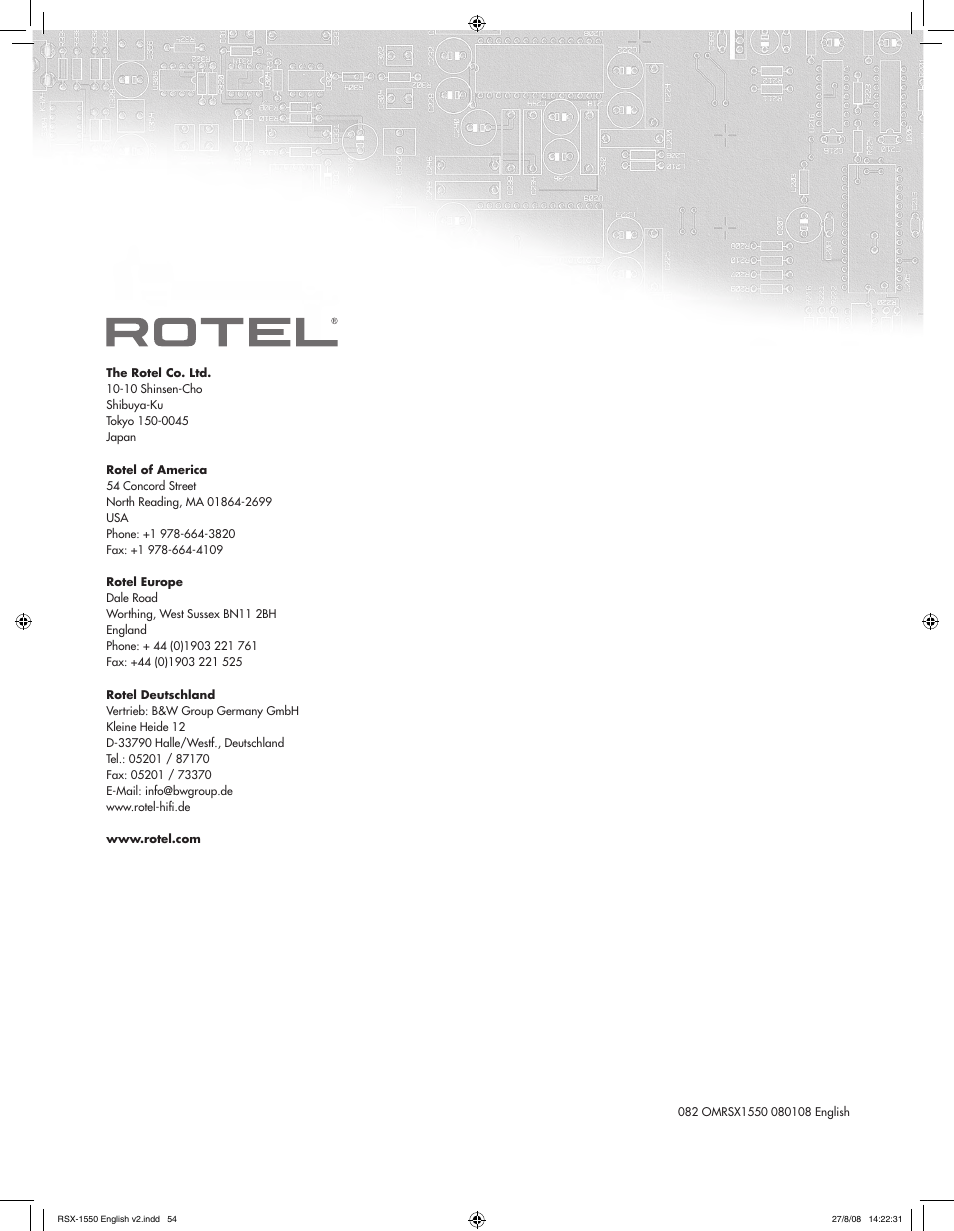 ROTEL RSX-1550 User Manual | Page 54 / 54