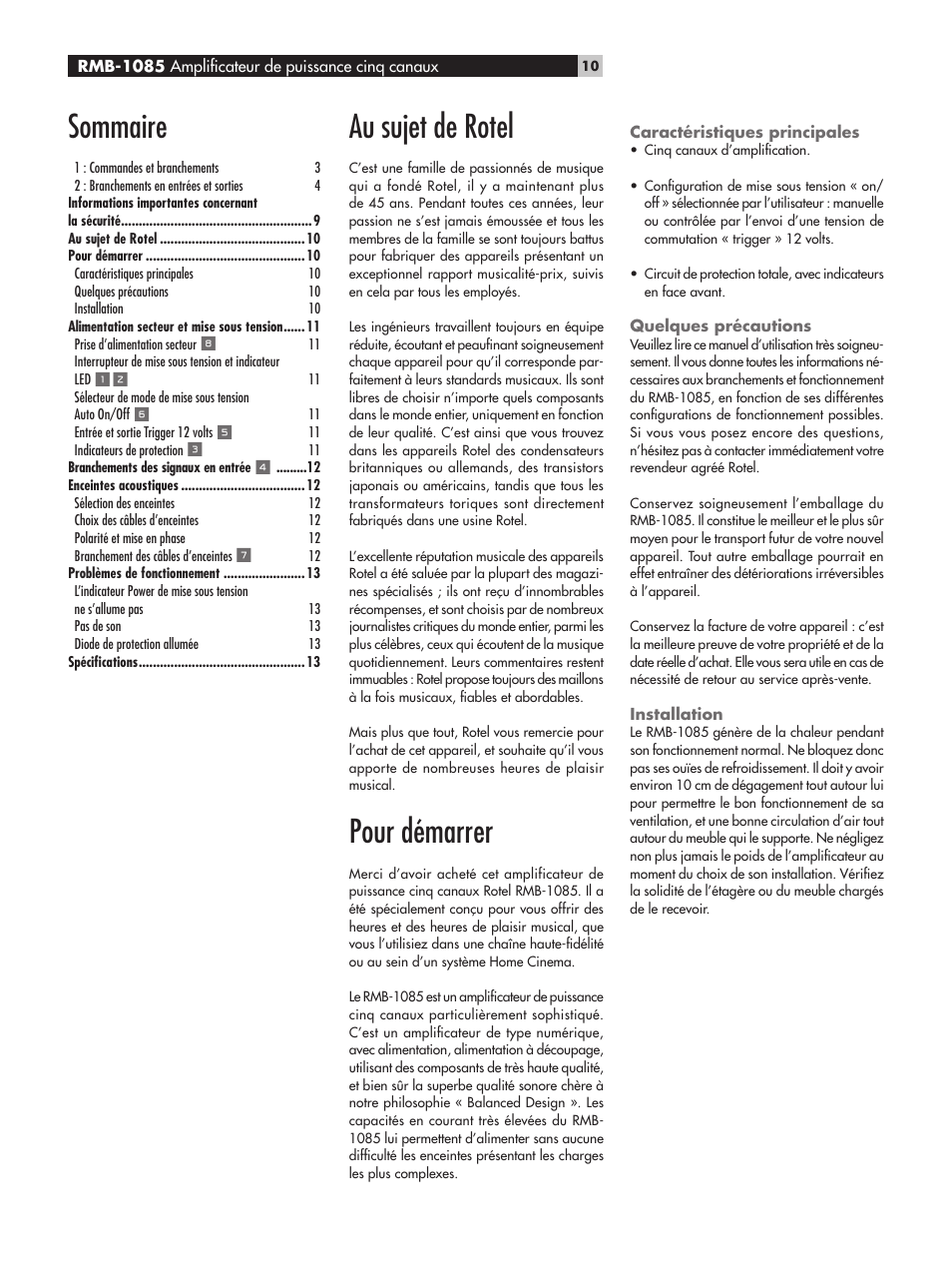 Au sujet de rotel, Pour démarrer, Caractéristiques principales | Quelques précautions, Installation, Sommaire | ROTEL Five-Channel Power Amplifier RMB-1085 User Manual | Page 10 / 44