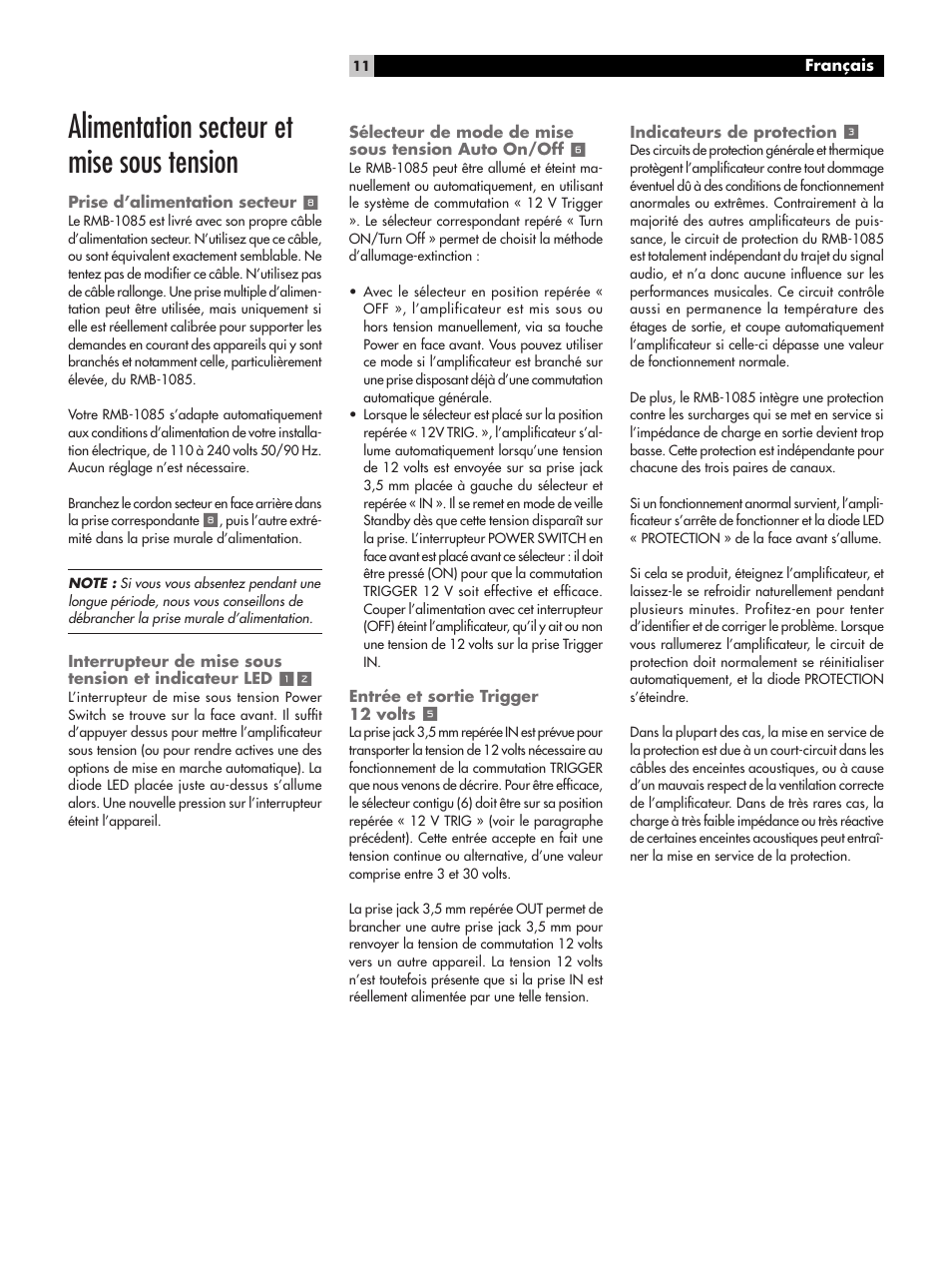 Alimentation secteur et mise sous tension, Prise d’alimentation secteur 8, Entrée et sortie trigger 12 volts 5 | Indicateurs de protection 3, Prise d’alimentation secteur, Interrupteur de mise sous tension et indicateur, Sélecteur de mode de mise sous tension auto on/off, Entrée et sortie trigger 12 volts, Indicateurs de protection | ROTEL Five-Channel Power Amplifier RMB-1085 User Manual | Page 11 / 44