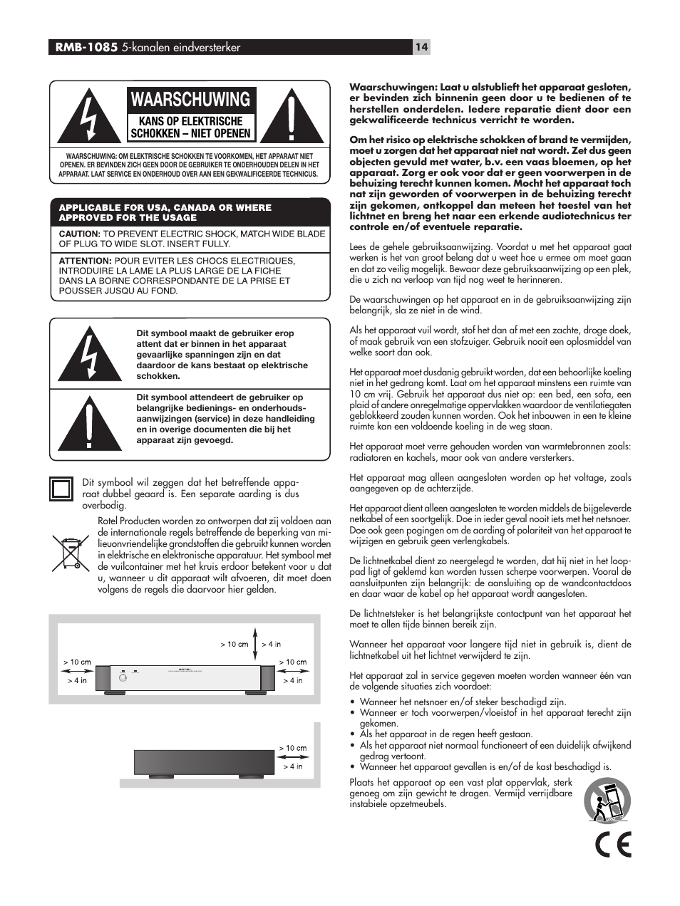 Waarschuwing, Kans op elektrische schokken – niet openen | ROTEL Five-Channel Power Amplifier RMB-1085 User Manual | Page 14 / 44