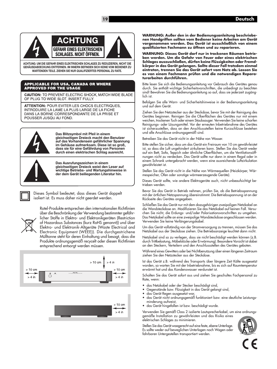 Achtung, Gefahr eines elektrischen schlages. nicht öffnen, Deutsch | ROTEL Five-Channel Power Amplifier RMB-1085 User Manual | Page 19 / 44