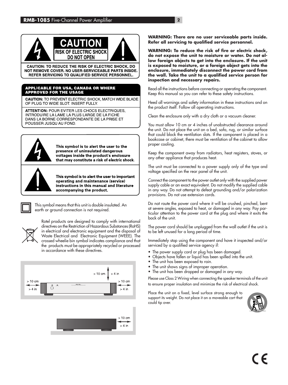 ROTEL Five-Channel Power Amplifier RMB-1085 User Manual | Page 2 / 44