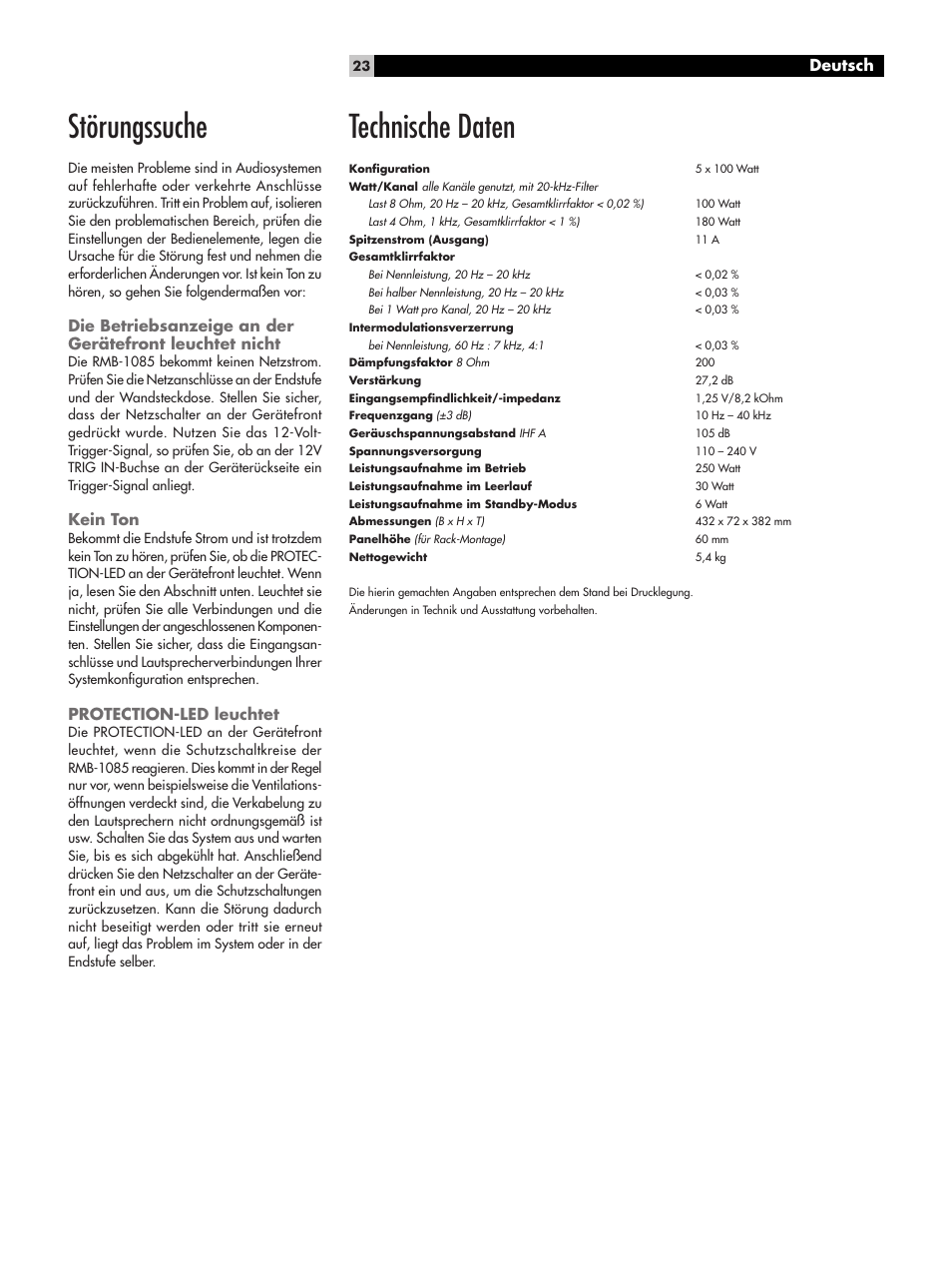 Störungssuche, Kein ton, Protection-led leuchtet | Technische daten, Deutsch | ROTEL Five-Channel Power Amplifier RMB-1085 User Manual | Page 23 / 44
