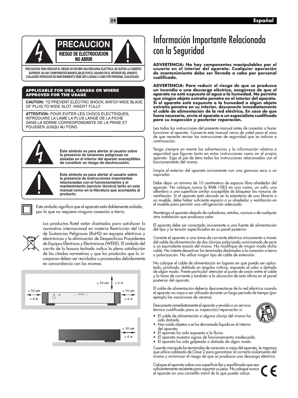 Precaucion, Riesgo de electrocucion no abrir | ROTEL Five-Channel Power Amplifier RMB-1085 User Manual | Page 29 / 44