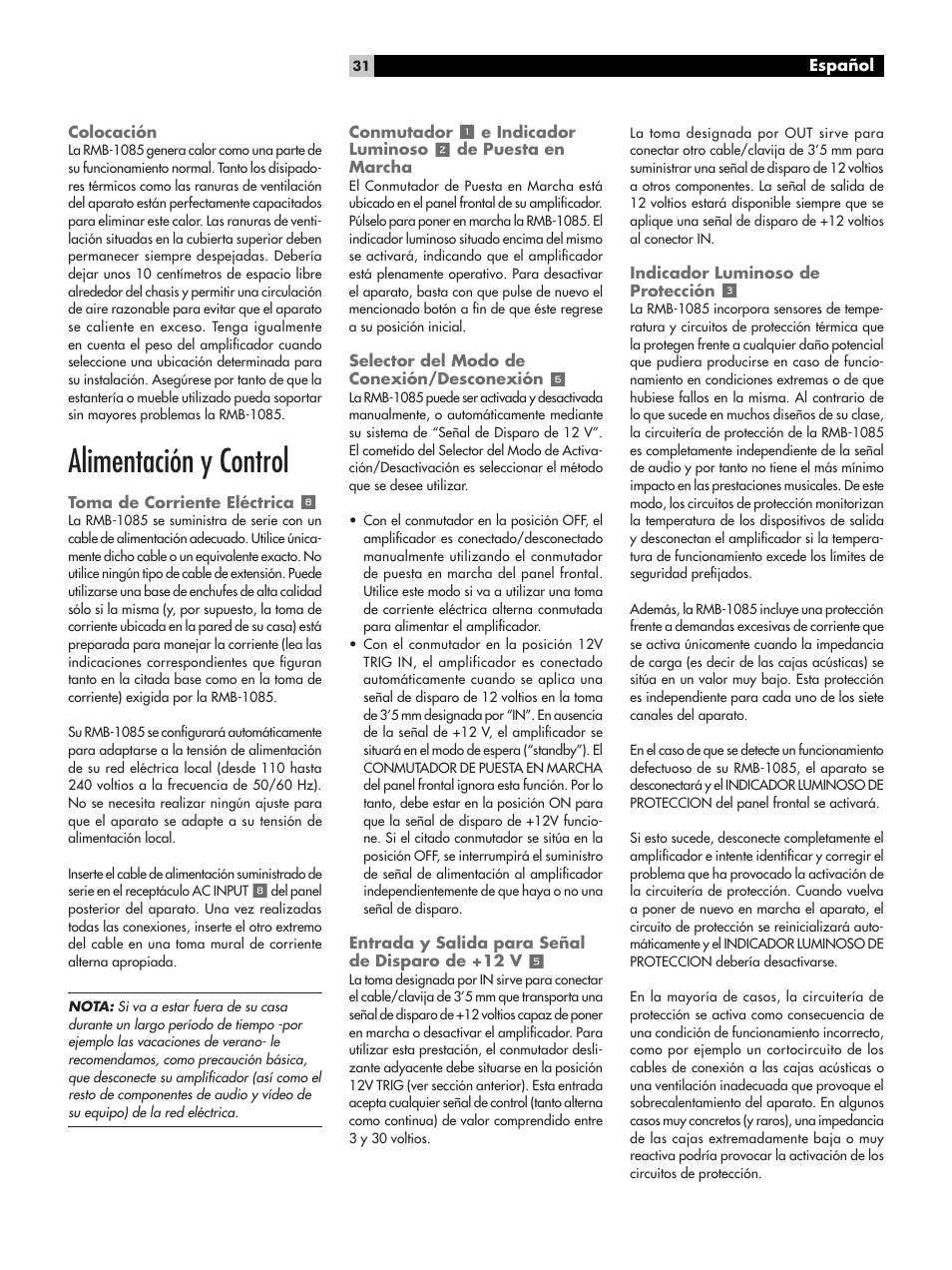 Colocación, Alimentación y control, Toma de corriente eléctrica 8 | Selector del modo de conexión/desconexión 6, Entrada y salida para señal de disparo de +12 v 5, Indicador luminoso de protección 3, Toma de corriente eléctrica, Conmutador, E indicador luminoso, De puesta en marcha | ROTEL Five-Channel Power Amplifier RMB-1085 User Manual | Page 31 / 44