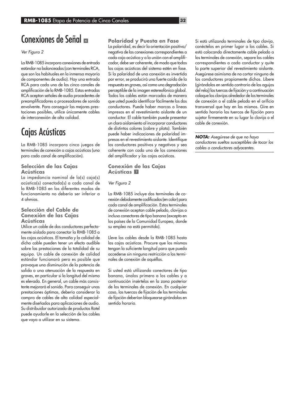 Conexiones de señal 4, Cajas acústicas, Selección de las cajas acústicas | Polaridad y puesta en fase, Conexión de las cajas acústicas 7, Conexiones de señal, Selección del cable de conexión de las cajas, Acústicas, Conexión de las cajas acústicas | ROTEL Five-Channel Power Amplifier RMB-1085 User Manual | Page 32 / 44