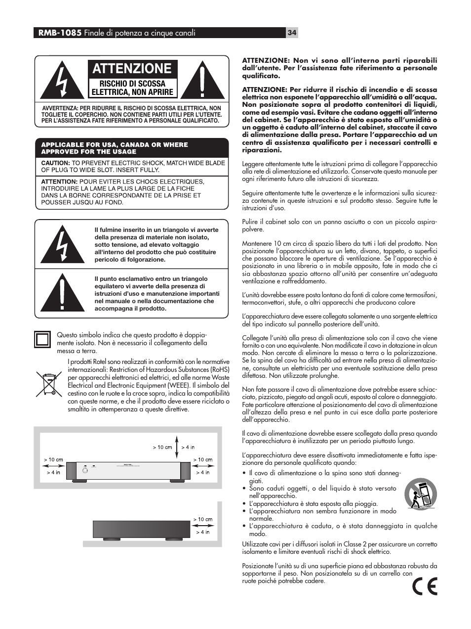 Attenzione, Rischio di scossa elettrica, non aprire | ROTEL Five-Channel Power Amplifier RMB-1085 User Manual | Page 34 / 44