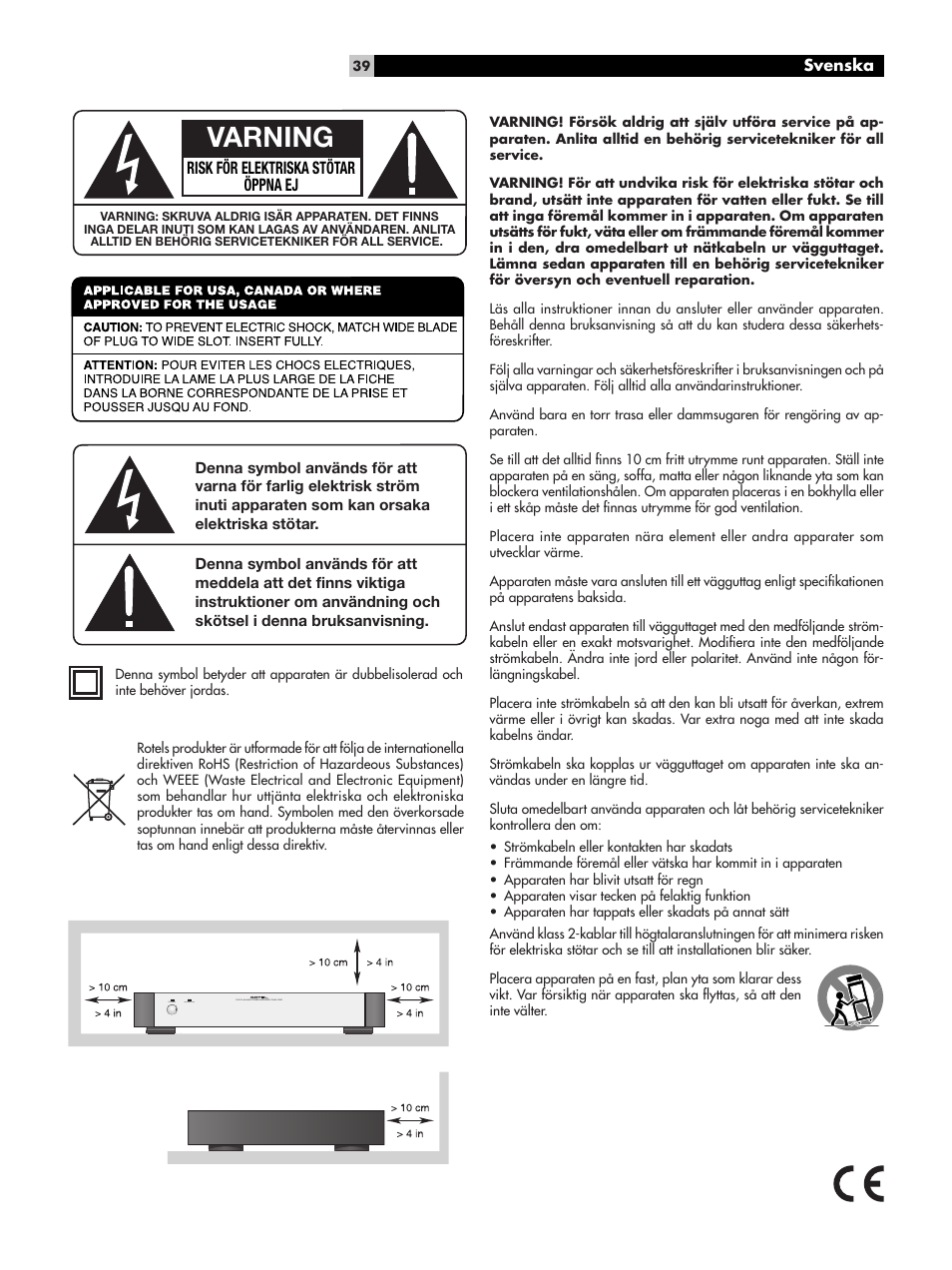 Varning, Risk för elektriska stötar öppna ej | ROTEL Five-Channel Power Amplifier RMB-1085 User Manual | Page 39 / 44