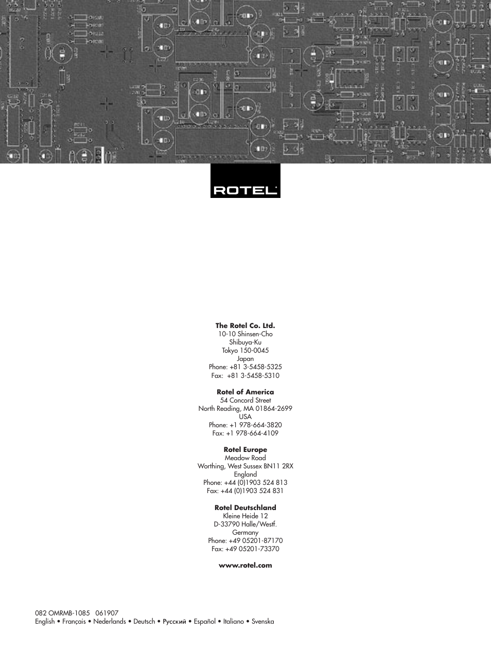 Rmb-1085 five-channel power ampliﬁer | ROTEL Five-Channel Power Amplifier RMB-1085 User Manual | Page 44 / 44
