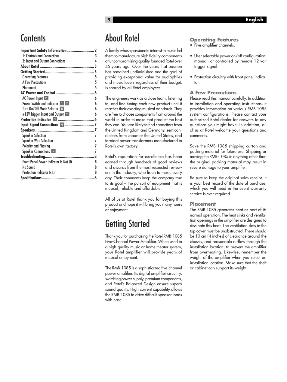 ROTEL Five-Channel Power Amplifier RMB-1085 User Manual | Page 5 / 44