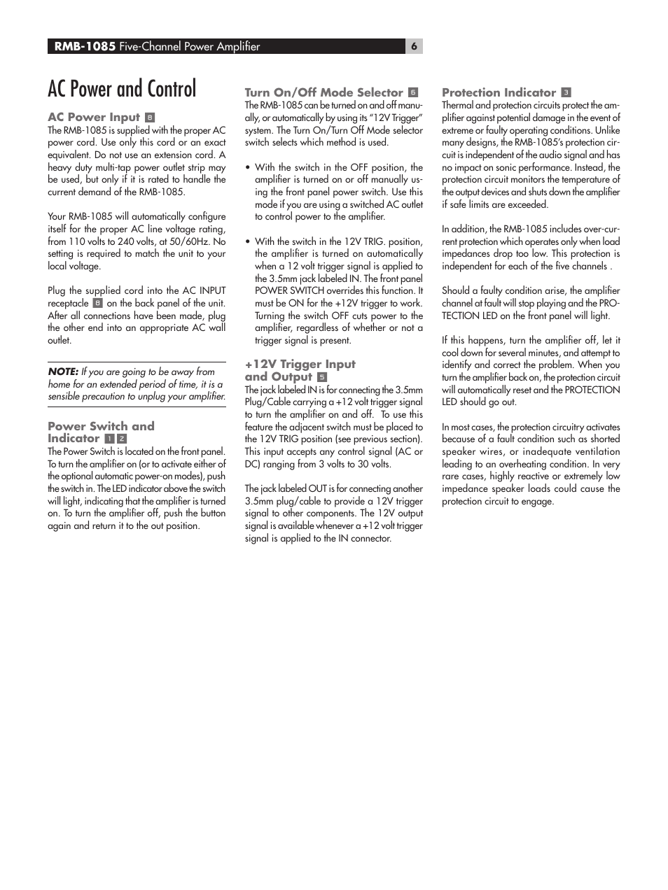 Ac power and control, Ac power input, Power switch and indicator | Turn on/off mode selector, 12v trigger input and output | ROTEL Five-Channel Power Amplifier RMB-1085 User Manual | Page 6 / 44