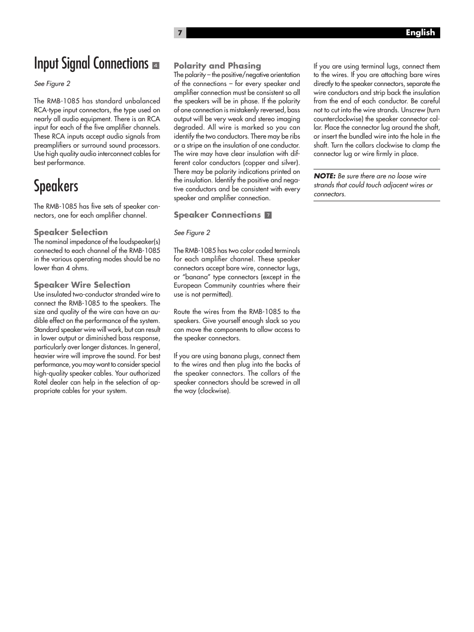 Input signal connections, Speakers, Speaker selection | Speaker wire selection, Polarity and phasing, Speaker connections, Roubleshooting | ROTEL Five-Channel Power Amplifier RMB-1085 User Manual | Page 7 / 44