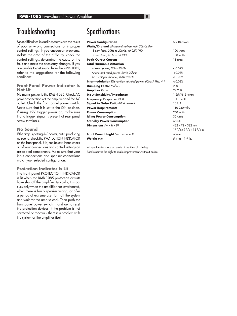 Front panel power indicator is not lit, No sound, Protection indicator is lit | Troubleshooting, Speciﬁcations, Rmb-1085 five-channel power ampliﬁer | ROTEL Five-Channel Power Amplifier RMB-1085 User Manual | Page 8 / 44