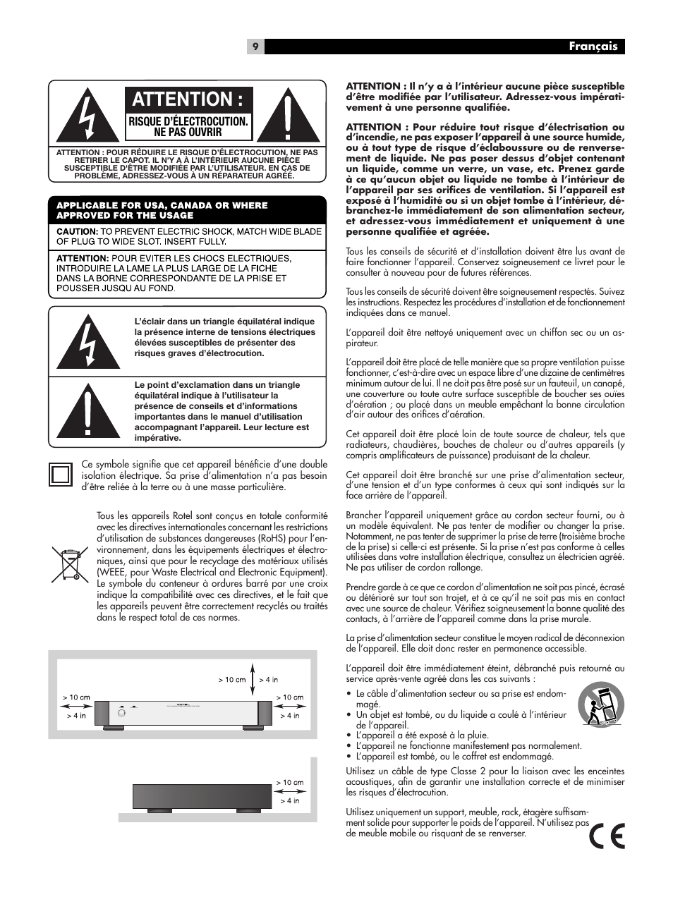 Attention, Risque d’électrocution. ne pas ouvrir | ROTEL Five-Channel Power Amplifier RMB-1085 User Manual | Page 9 / 44