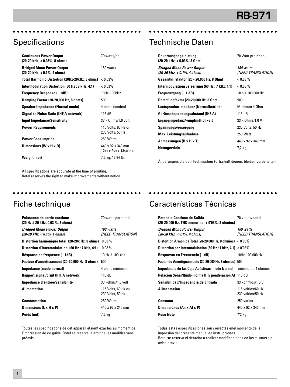 Rb-971, Specifications, Technische daten | Fiche technique, Características técnicas | ROTEL RB-971 User Manual | Page 10 / 11