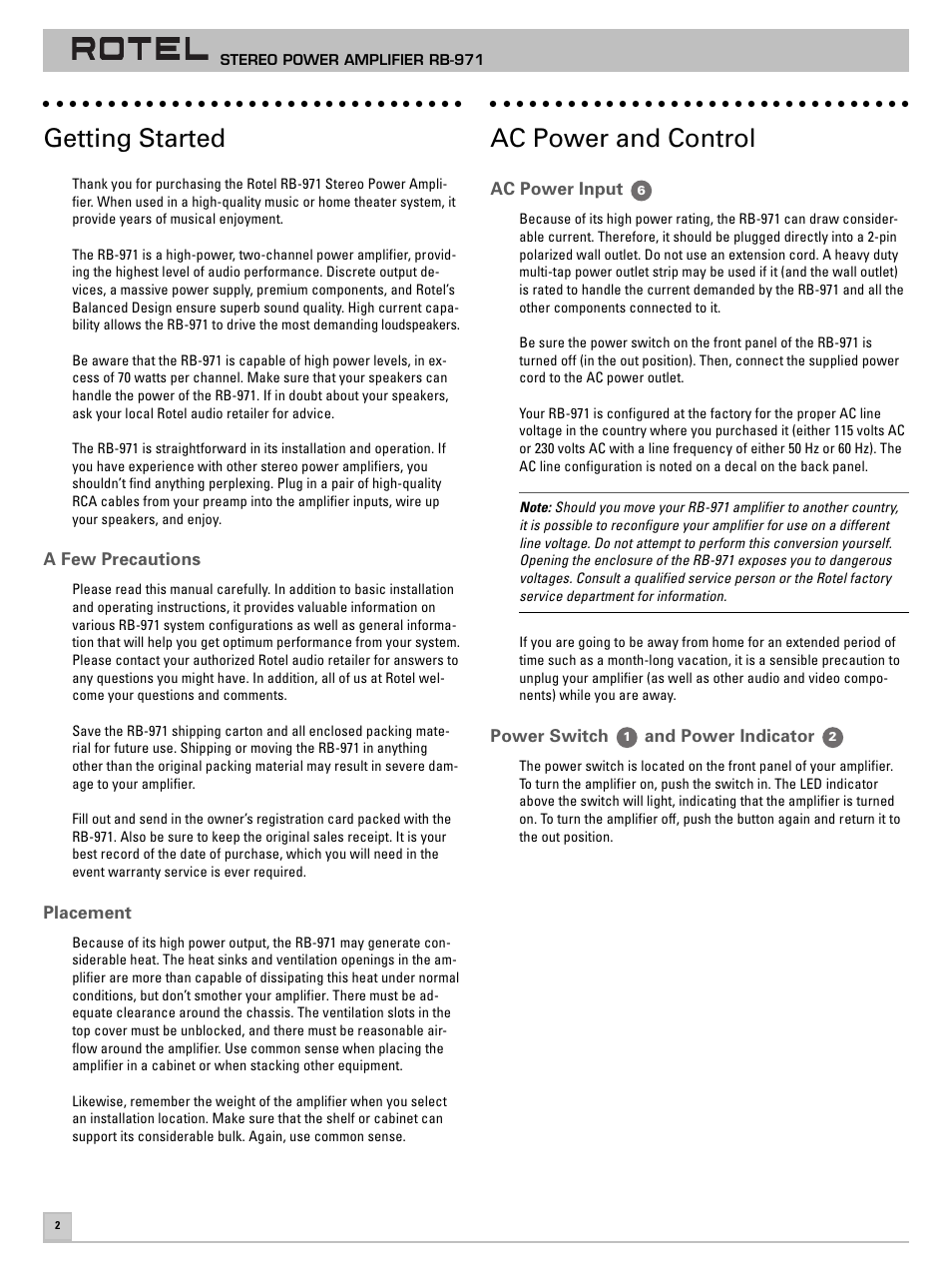 Getting started, Ac power and control | ROTEL RB-971 User Manual | Page 6 / 11