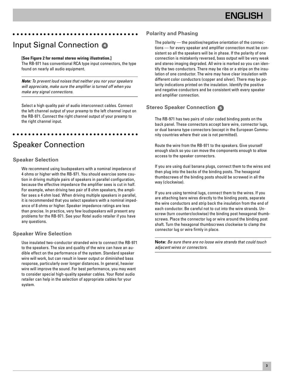 English, Input signal connection, Speaker connection | ROTEL RB-971 User Manual | Page 7 / 11