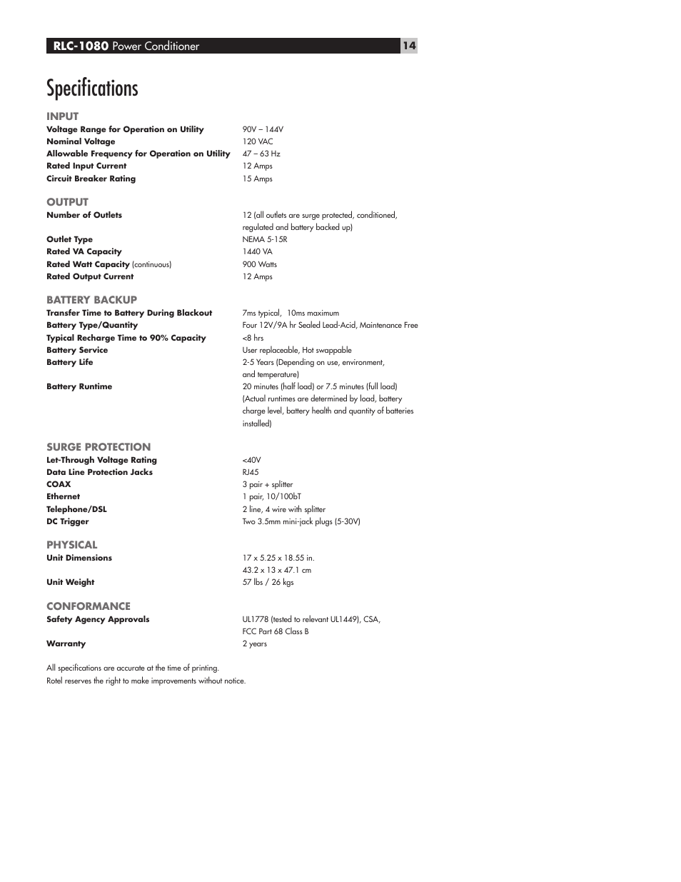 Speciﬁcations, Rlc-1080 power conditioner | ROTEL RLC-1080 User Manual | Page 14 / 16