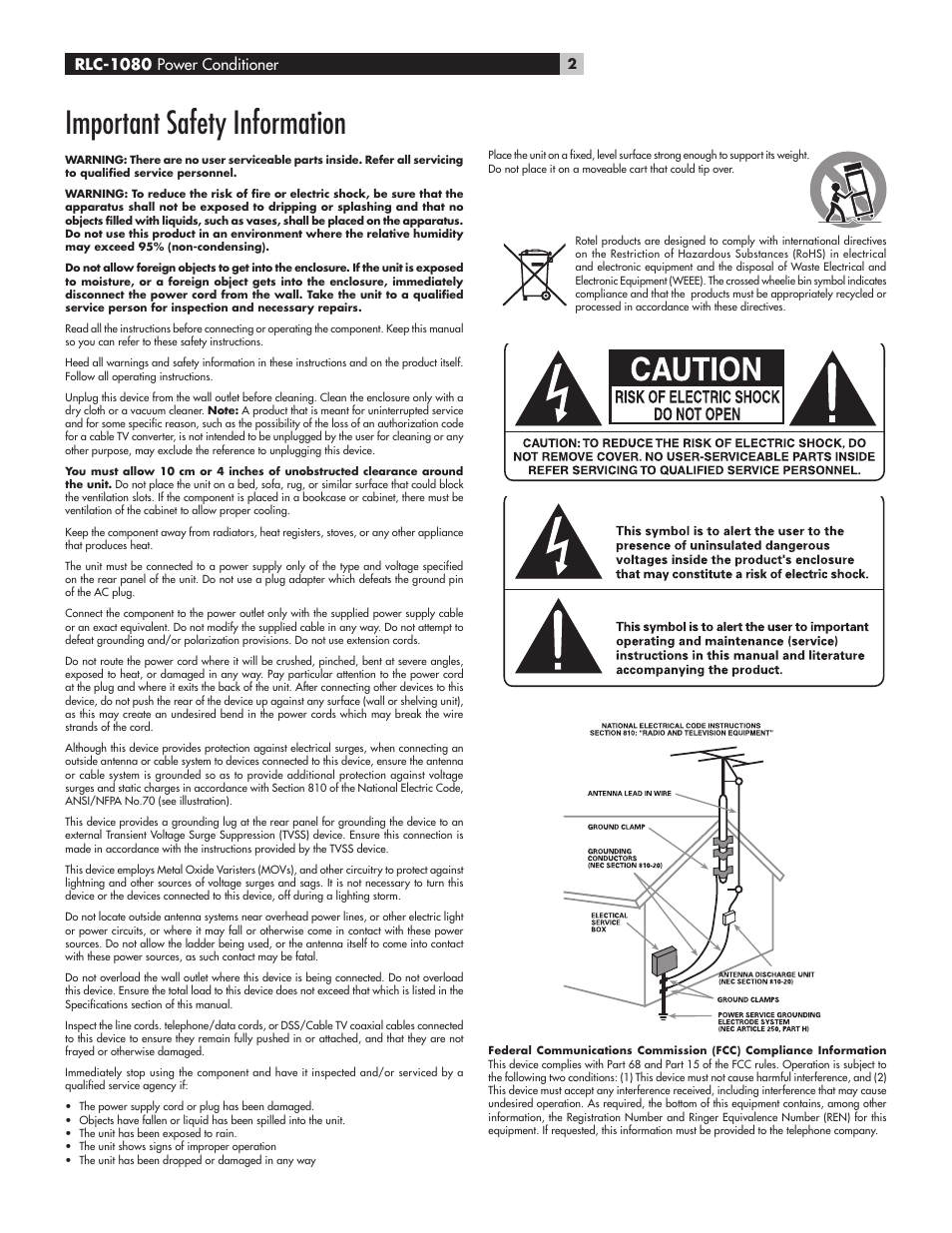 Important safety information, Rlc-1080 power conditioner | ROTEL RLC-1080 User Manual | Page 2 / 16