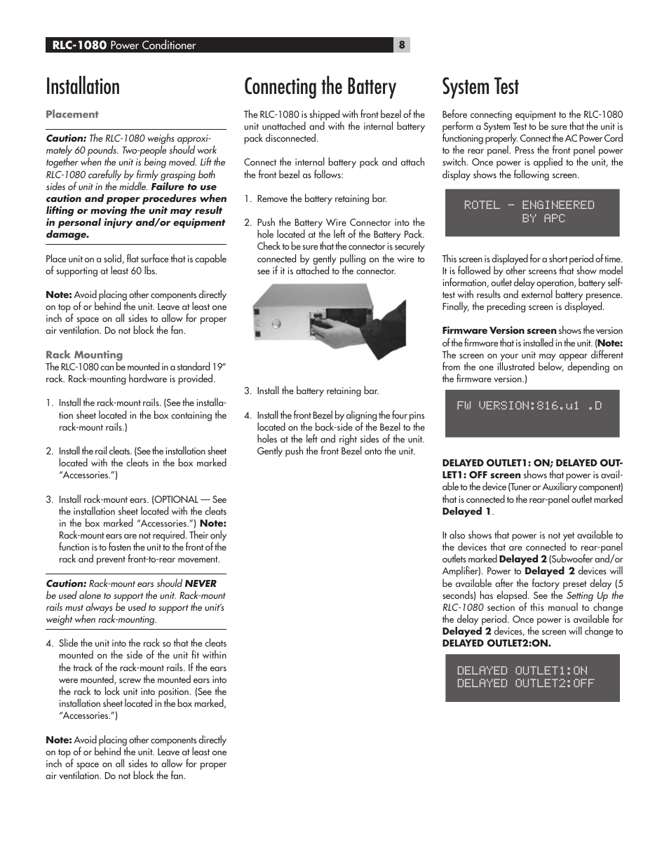 Installation, Connecting the battery, System test | ROTEL RLC-1080 User Manual | Page 8 / 16