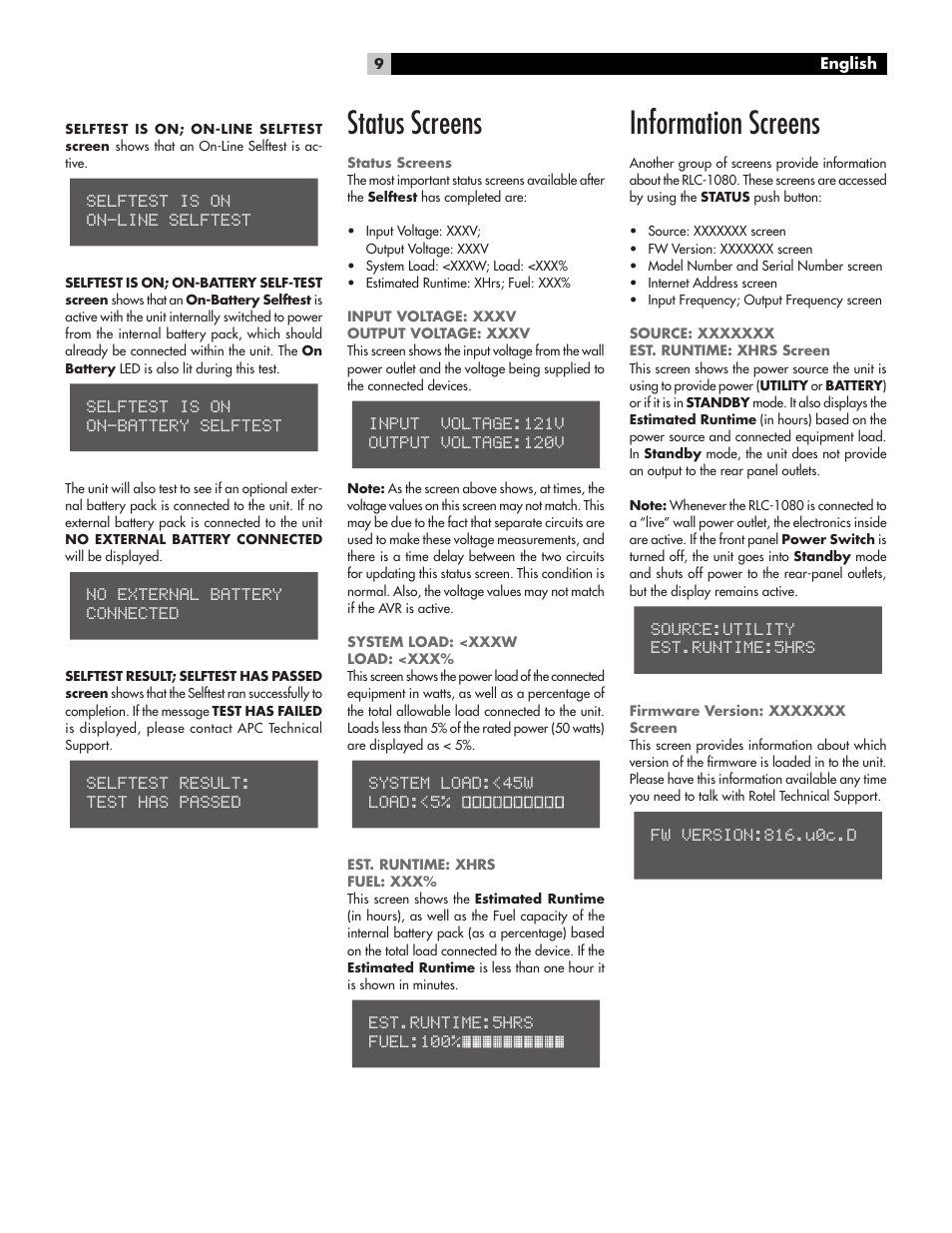 Status screens, Information screens | ROTEL RLC-1080 User Manual | Page 9 / 16