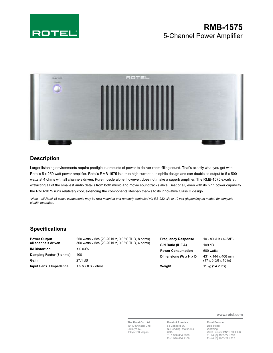 ROTEL Five Channel Power Amplifier RMB-1575 User Manual | 1 page